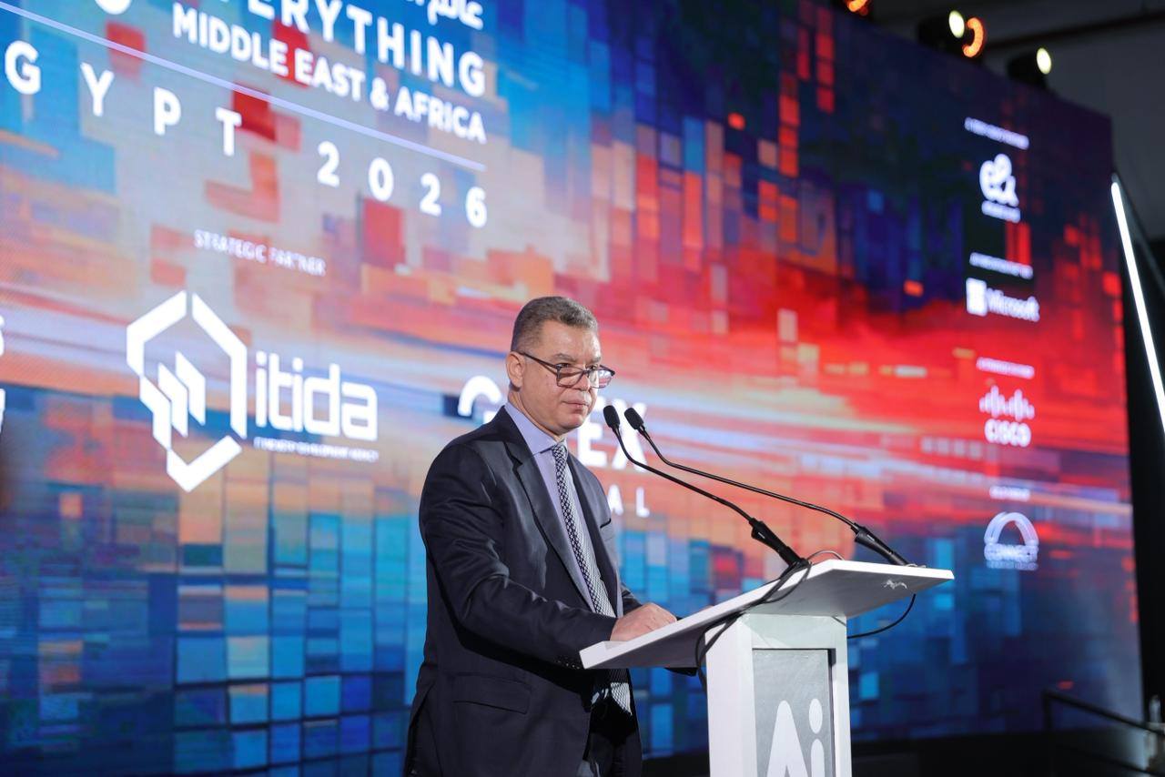 ITIDA CEO Ahmed Elzaher speaking on stage at the world’s first all-AI summit, Ai Everything Middle East & Africa Egypt, held at 