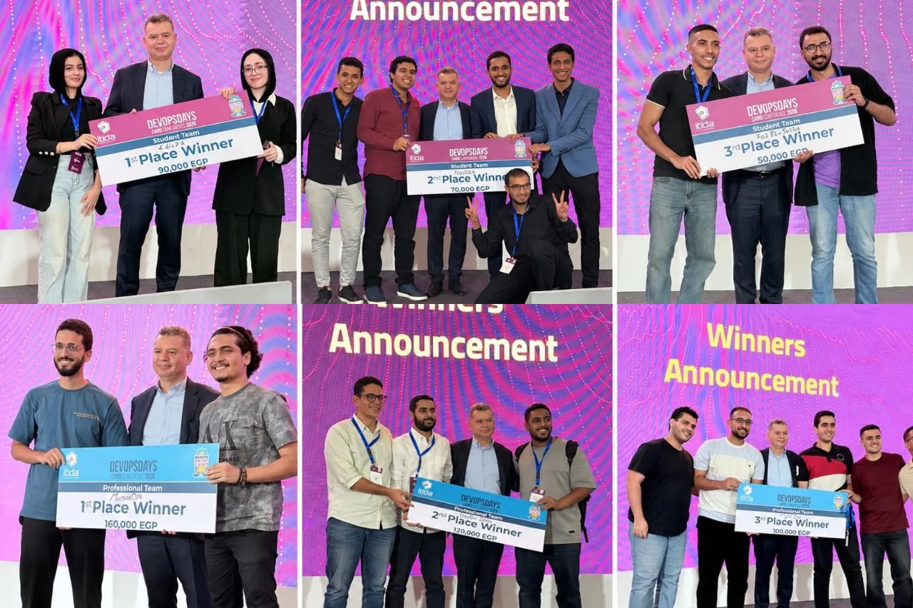 “Winning teams of ITIDA's DevOps Hackathon 2026 receive awards at DevOpsDays Cairo from Eng. Ahmed El-Zaher, ITIDA CEO, and Dr. 